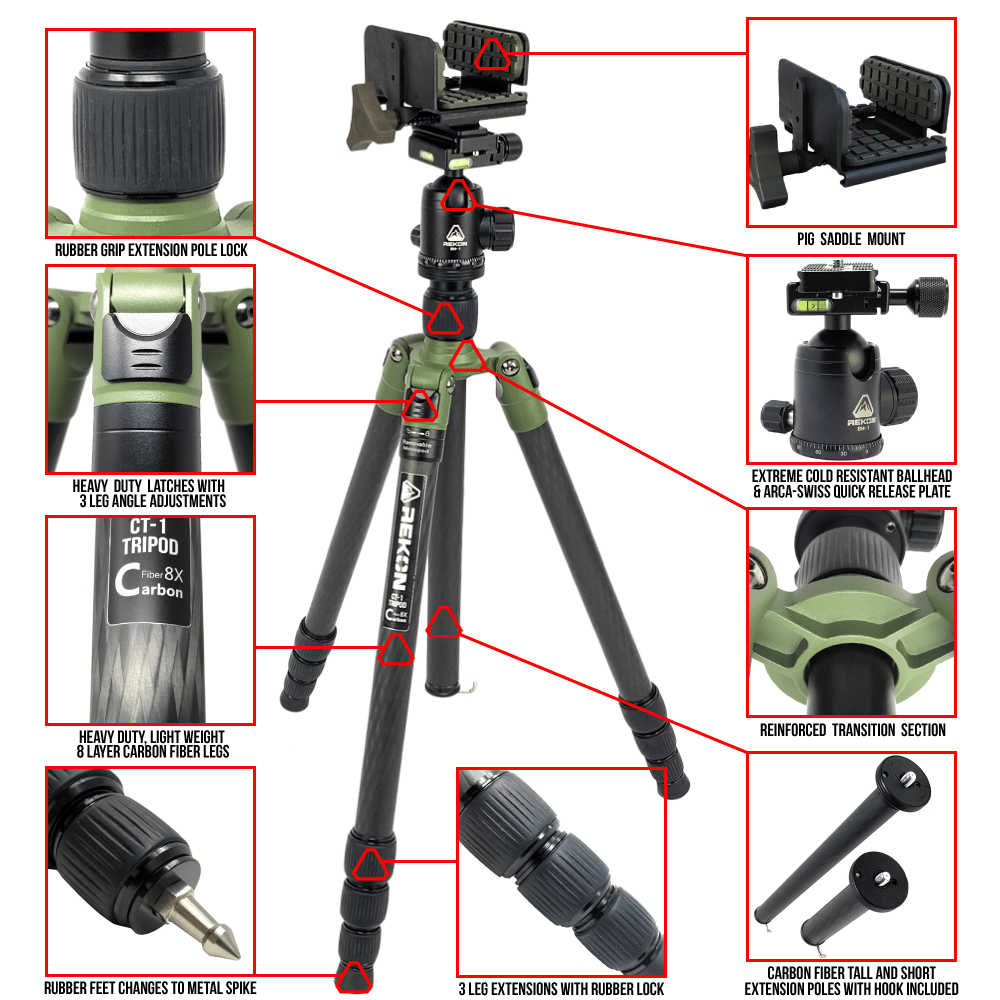 REKON CT-1 Zielstock  Carbon Kohlefaser Stativ BH1 Kugelkopf RTA1 Picatinny zu Arca-Schweizer Halterung PIG Sattelhalterung Tripod